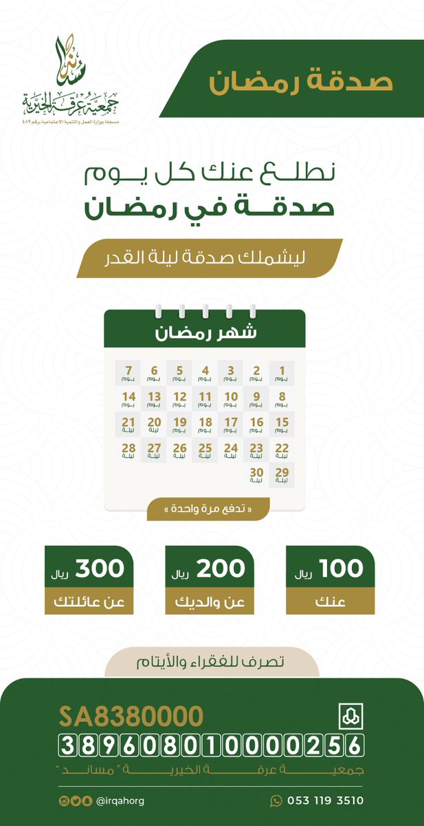 Eyaaaad's tweet photo. إذا ودك تتصدق كل يوم في رمضان.. تقدر بـ 100 ريال ويوزعونها عنك كل يوم صدقة للفقراء والأيتام  لتكون ممن تصدق في رمضان وليلة القدر بإذن الله ♥️

عبر الرابط:
https://t.co/2NX3LNfxij https://t.co/7sGhjUVBJj