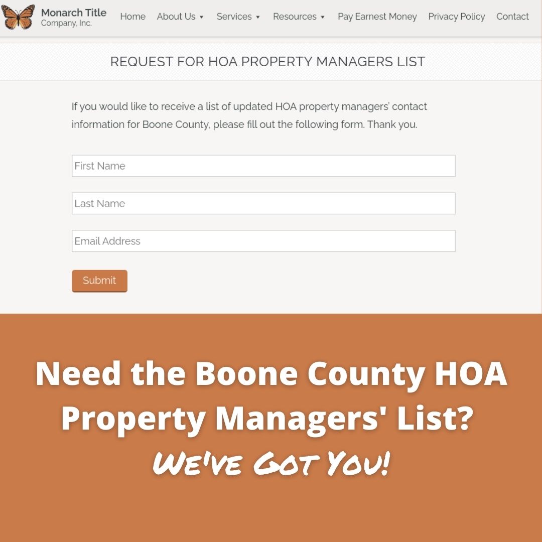 MonarchTitleCO's tweet image. Name a resource for real estate, Monarch Title’s got it! Need the Boone County HOA Property Managers list? Request via our website today: ow.ly/ls4250Ig5ti