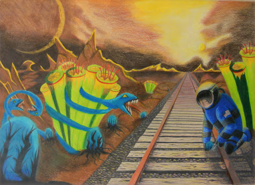 SpaceArtSAE's tweet photo. “The Exobotanist” by Alyssa Winter from our 2012 #HumansinSpaceArt youth contest envisions an #astronaut studying #alien life as humans #explore, #imagine what we will #discover in #newworlds on distant #planets in faraway #galaxies! #SciArt #STEAM #explore https://t.co/k8XAZKIRYP