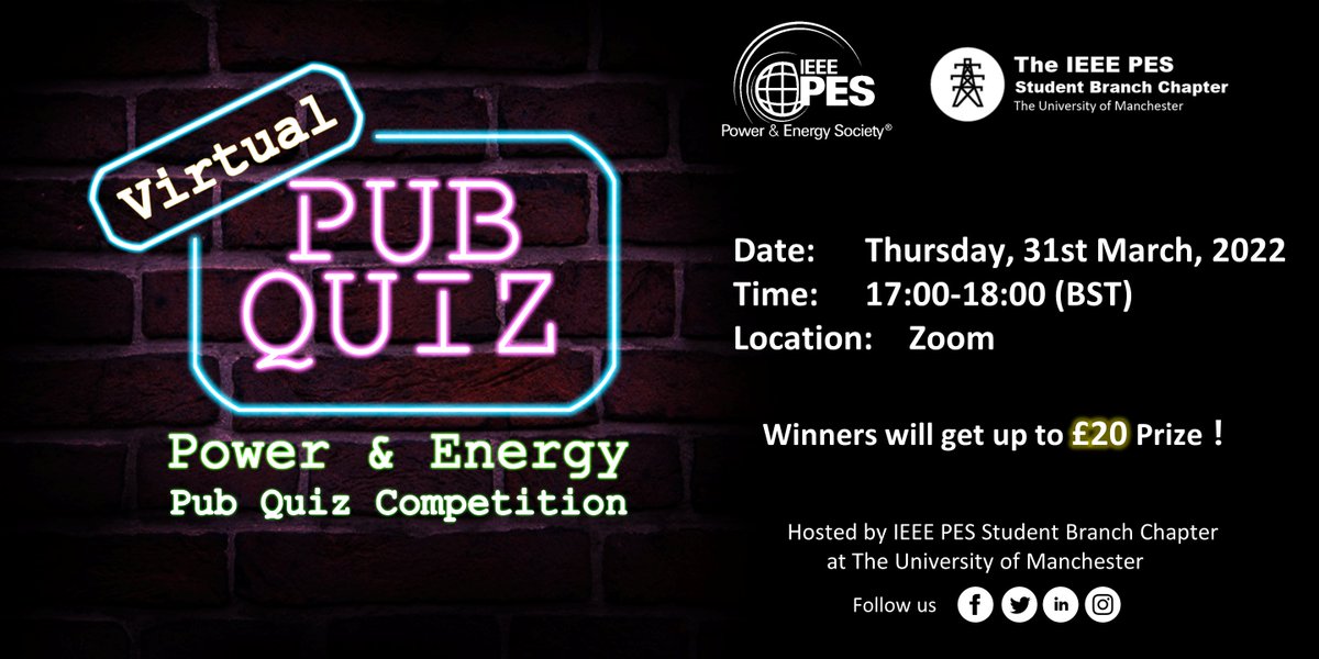 Feel struggling or isolated during this uncertain period? Get excited and join in an upcoming Virtual Pub Quiz! Organised by the @IEEE_PES_SB_UOM  
Time: Thursday, 31st March 2022 
Registration:eventbrite.co.uk/e/2nd-virtual-…
Challenge yourself with the quiz and compete for a £20 prize.