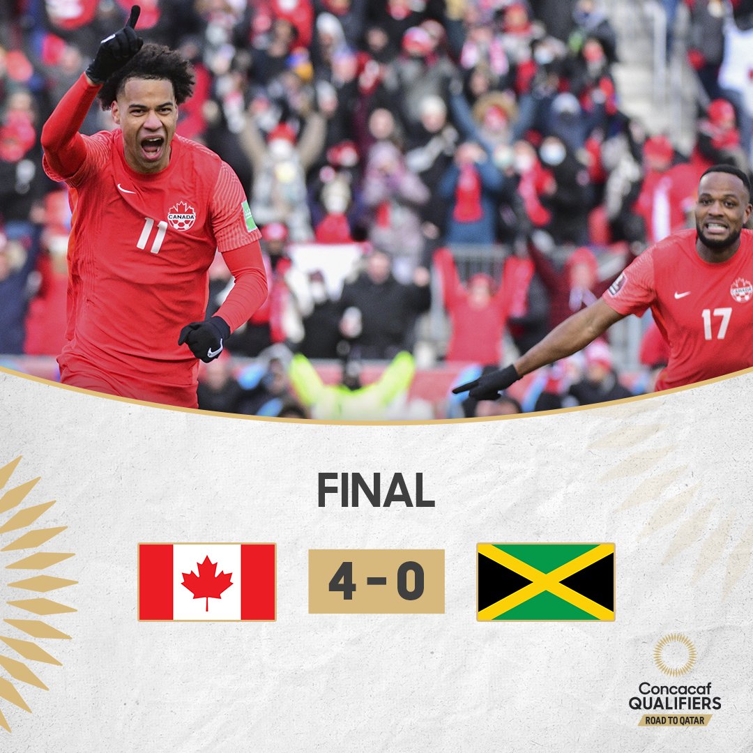 Concacaf's tweet image. Final from Toronto: Canada beats Jamaica and qualifies to the @FIFAWorldCup! 

⏱️ FT 🇨🇦 4 vs 🇯🇲 0 

#CWCQ