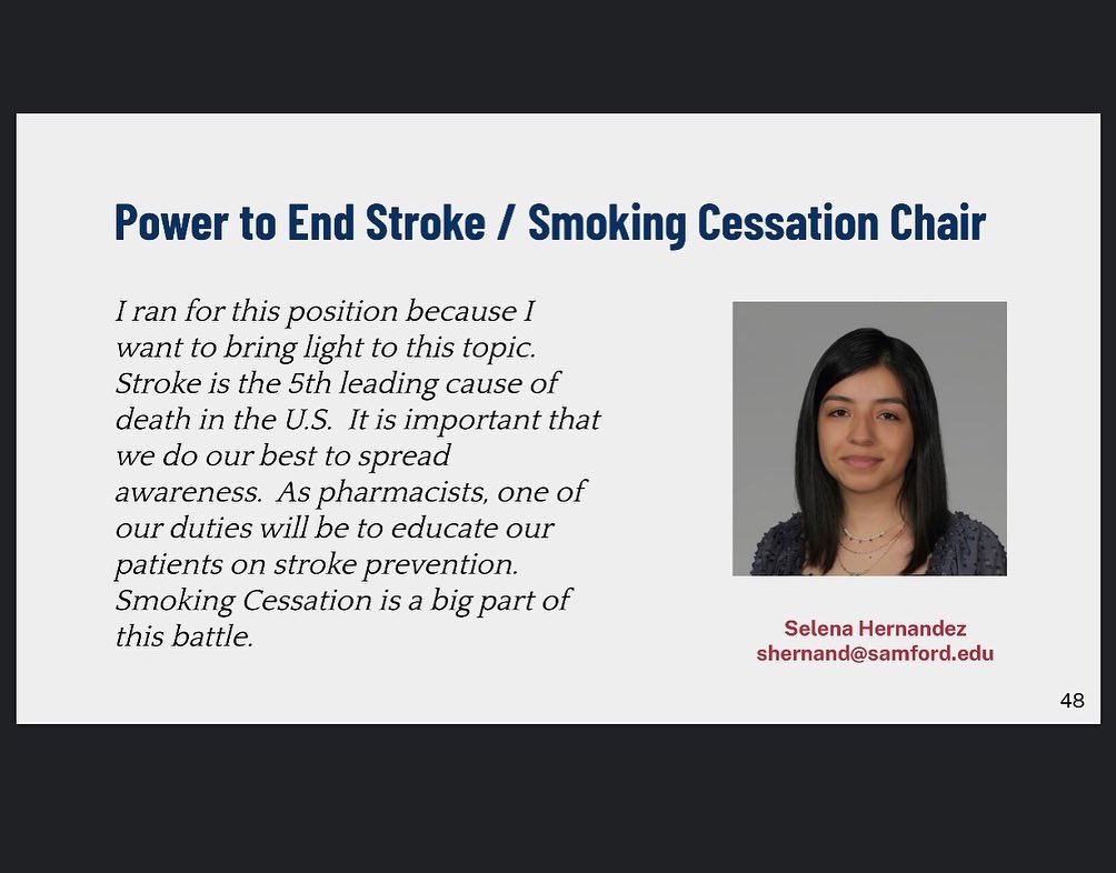 Samford_SNPhA's tweet photo. Meet our Power to End Stroke/Smoking Cessation Chair, Selena! Swipe left to see her roles and why she chose her position. If you are interested in being the Power to End Stroke/Smoking Cessation Chair of SNPhA, the link is our bio to apply! Applications close on Monday March 28th https://t.co/bPXaYEp4ay