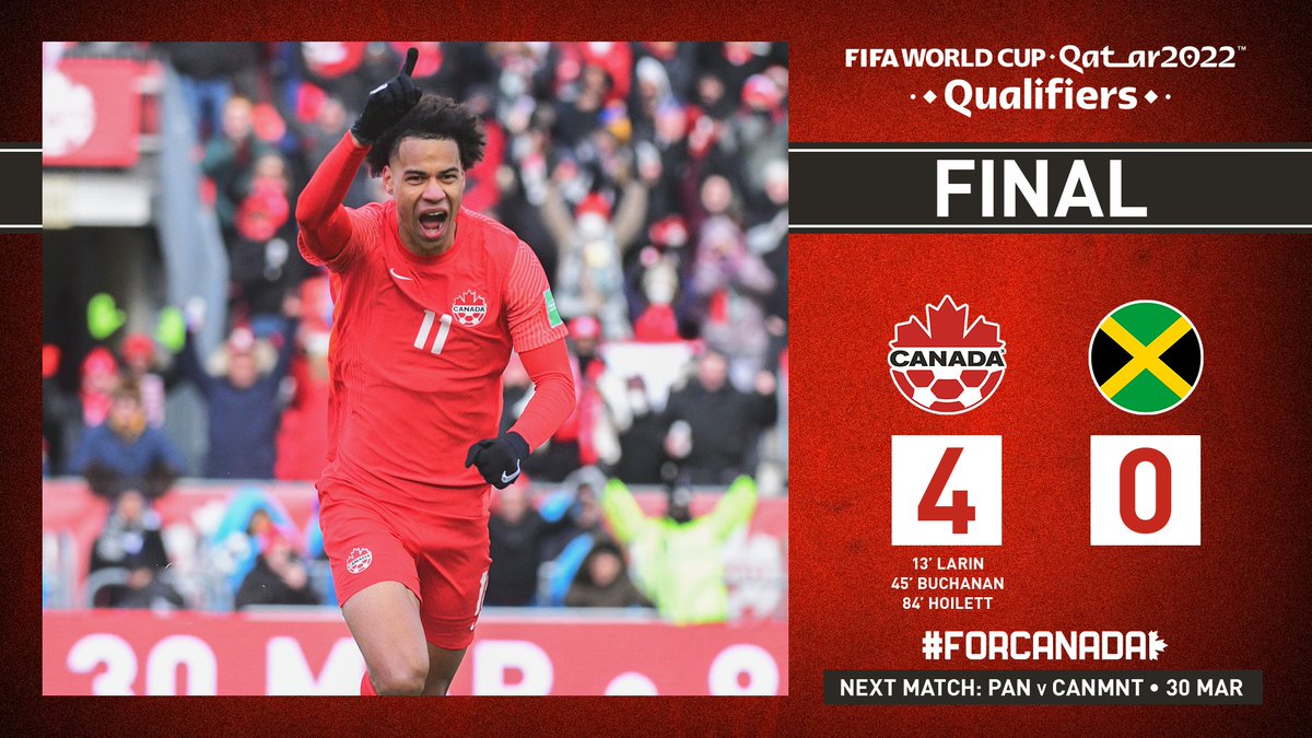CanadaSoccerEN's tweet photo. FT from BMO Field! 

#CANMNT 🇨🇦 4:0 🇯🇲

#ForCanada #WCQ https://t.co/woAMZk0j7Z