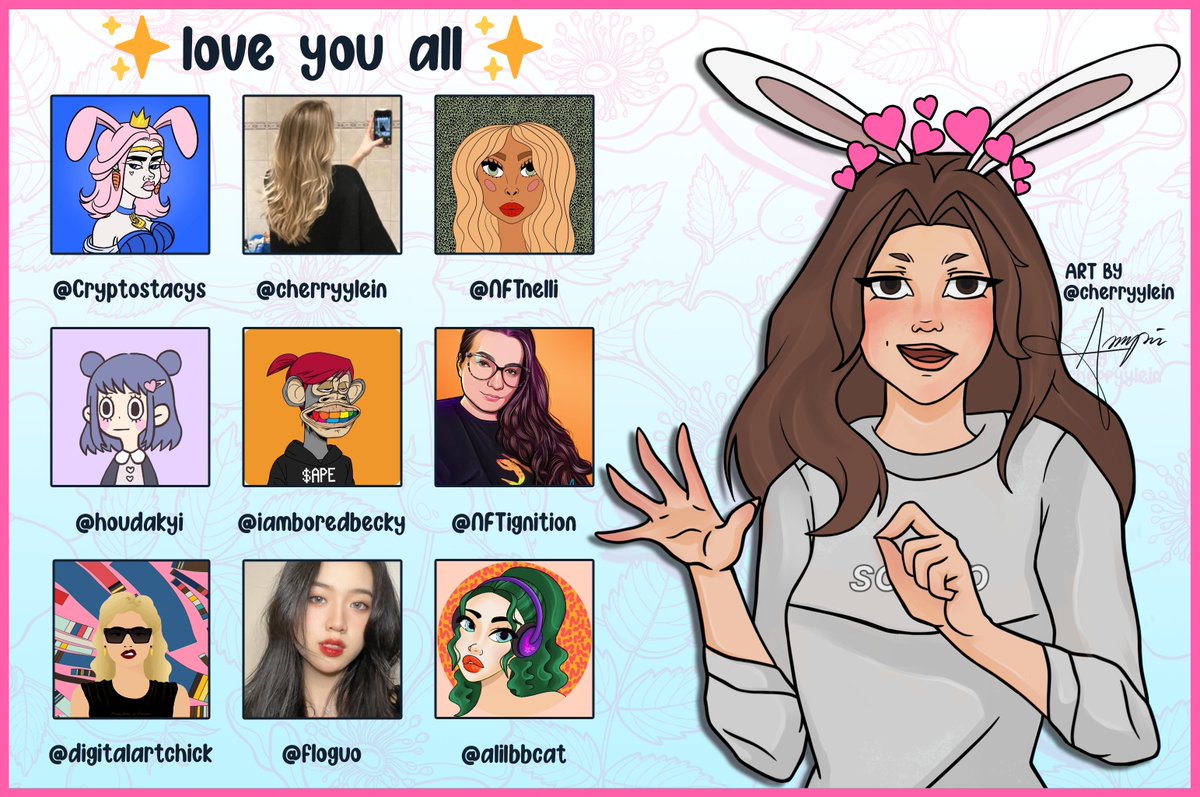 0xBirkin's tweet photo. Quick shout out to the ladies that I have met through NFTs &amp; Twitter, paving their way in the scene. 🤍

✨@cryptostacys 
✨@cherryylein 
✨@NFTnelli 
✨@houdakyi 
✨@iamboredbecky 
✨@NFTignition 
✨@digitalartchick 
✨@floguo 
✨@alilbbcat 

I need to meet more of you though!🥺 https://t.co/F9VACLZmlL