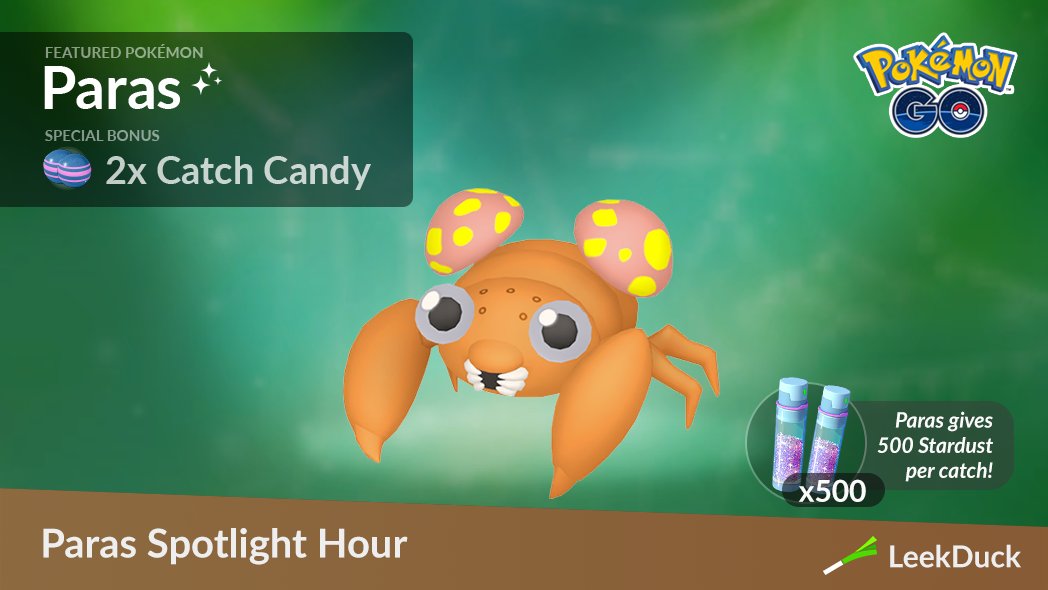 LeekDuck's tweet photo. A Pokémon Spotlight Hour is set for Tuesday, March 29, from 6 pm to 7 pm local time. During the hour, there will be an increased number of Paras appearing in the wild, and you’ll earn double candy from catching Pokémon.

Track Spotlight Hours: https://t.co/BSJxXyQ735 https://t.co/vMc0SOvnL6