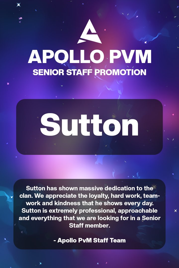 ApolloPvm's tweet photo. A huge congratulations to Sutton who has now been promoted to Senior Staff within #ApolloPvM 🚀

Thanks for all of your hard work so far and we are excited for you in your new role! 💫 https://t.co/i4uhtAk5wx