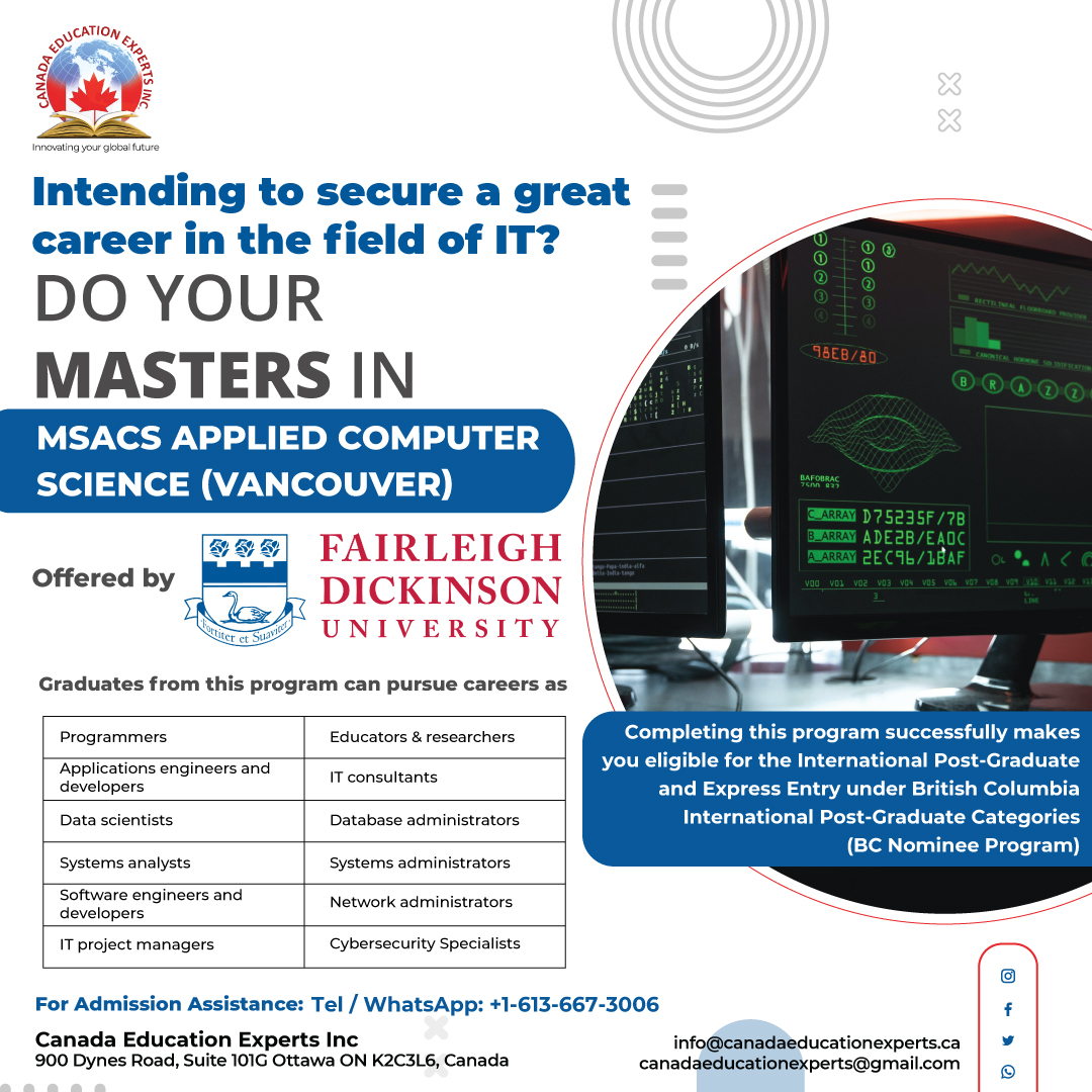 CEE_INC's tweet photo. Here is a great Master's program offered by FDU. For admission related help Tel/WhatsApp: +16136673006. Completing this program successfully makes you eligible for the International Post-Graduate and Express Entry under BC Nominee Program #internationalstudents #studypermit https://t.co/dv9xmAK0V3
