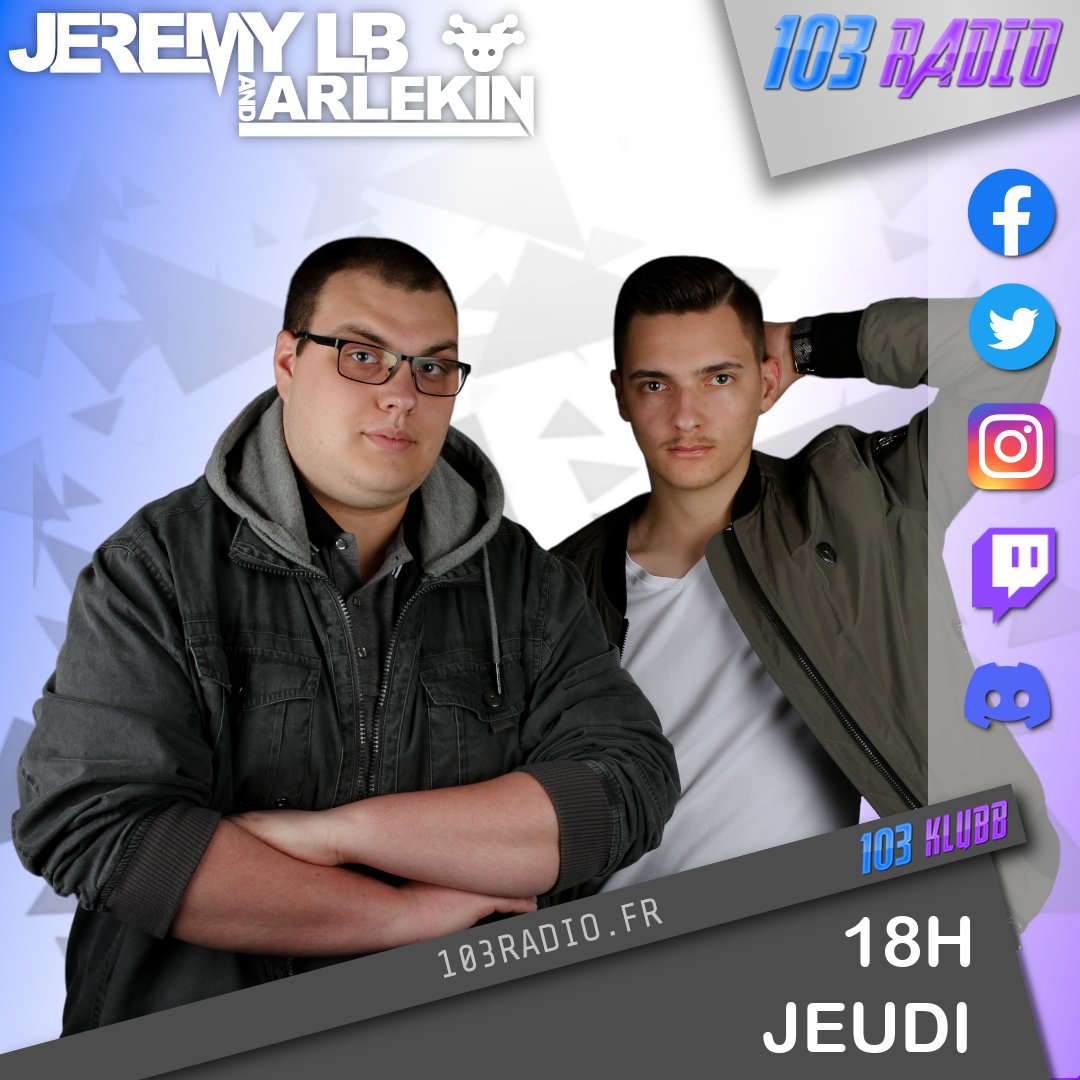 103radio's tweet photo. Rendez-vous jeudi soir à 18H avec @DJ_jeremyLB &amp; @arlkinmusic aux platines de 103 Klubb ! 🔥🔥🔥
#jeremylb #arlkin #arlekin #mix #dj #music #radio #radioshow #103klubb #103radio #festival #bigroom #edm #house #electro https://t.co/dOlJRmgp9n