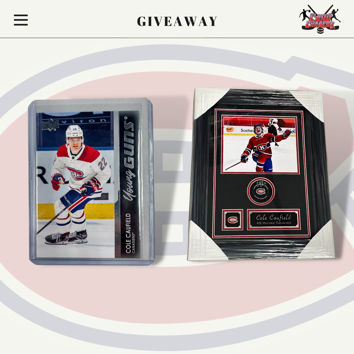 PeteAlper's tweet photo. 🚨GIVEAWAY🚨

I’ve teamed up with @CardChasers to giveaway a Cole Caufield rookie card &amp; signed frame! Follow the rules ⬇️ 

1. Follow @CardChasers &amp; @PeteAlper 
2. Like &amp; RT this tweet 
3. Send this via DM to a #Habs fan

Winner will be announced in 5 days! https://t.co/gDkFMAGAGt