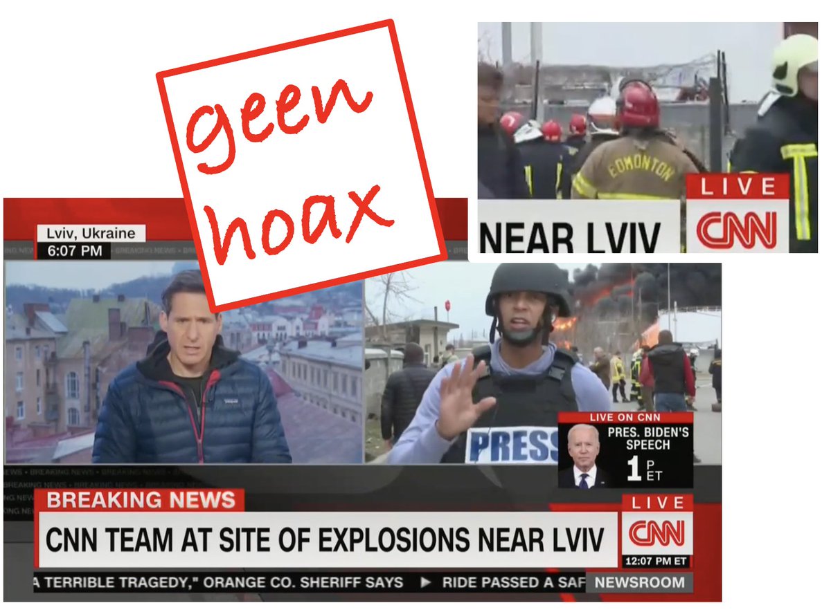 JPeterBurger's tweet photo. Nee, CNN heeft geen beelden van een brand in Canada gepresenteerd als een explosie in Oekraïne. Waarom staat er dan een brandweerman uit het Canadese Edmonton in beeld? Omdat Canadese brandweerkorpsen de afgelopen jaren uniformen en ander materiaal hebben gedoneerd... 1/3 https://t.co/FOj7INk7cm