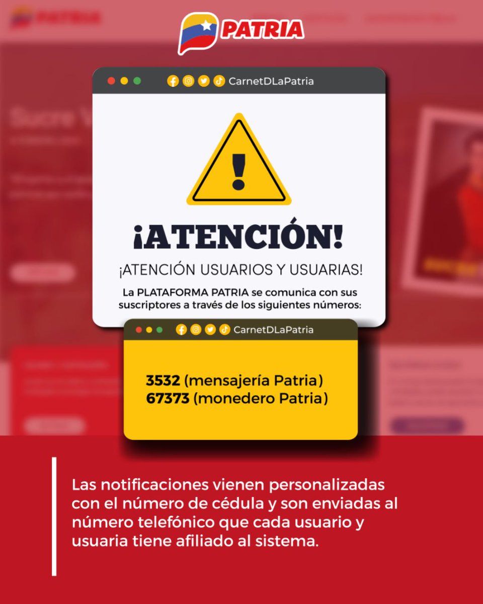 #IMPORTANTE La #PlataformaPatria, se comunica con sus suscriptores sólo a través de los siguientes números: 
3532 Mensajería Patria
6773 Monedero Patria

#SistemaPatria, siempre al servicio del pueblo.

#VenezuelaDeLaAlegría #27Mar