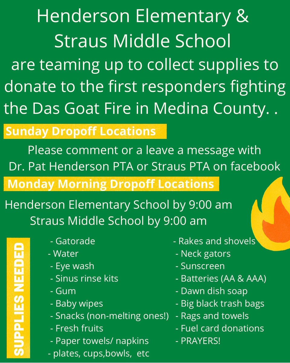 NISDStrausPTA's tweet photo. Henderson PTA &amp; Straus PTA are teaming up to collect supplies to donate to the first responders fighting the #DasGoatFire in Medina Co. We are accepting donations tmrw a.m. in the front lobby or if you would like to drop off personally, please DM us! @NISDStraus https://t.co/KJBgiiUx1x