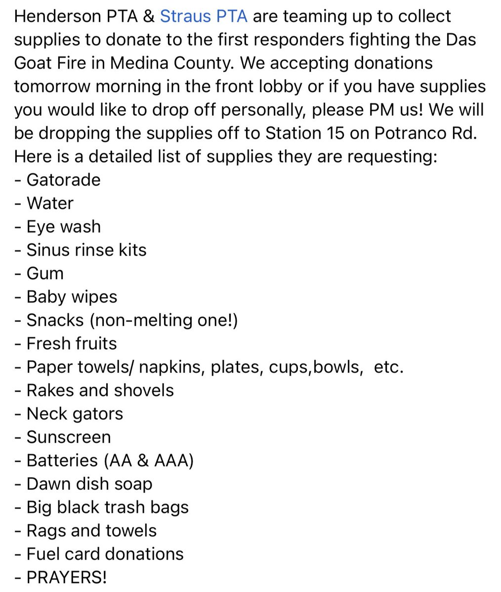 NISDStrausPTA's tweet photo. Henderson PTA &amp; Straus PTA are teaming up to collect supplies to donate to the first responders fighting the #DasGoatFire in Medina Co. We are accepting donations tmrw a.m. in the front lobby or if you would like to drop off personally, please DM us! @NISDStraus https://t.co/KJBgiiUx1x