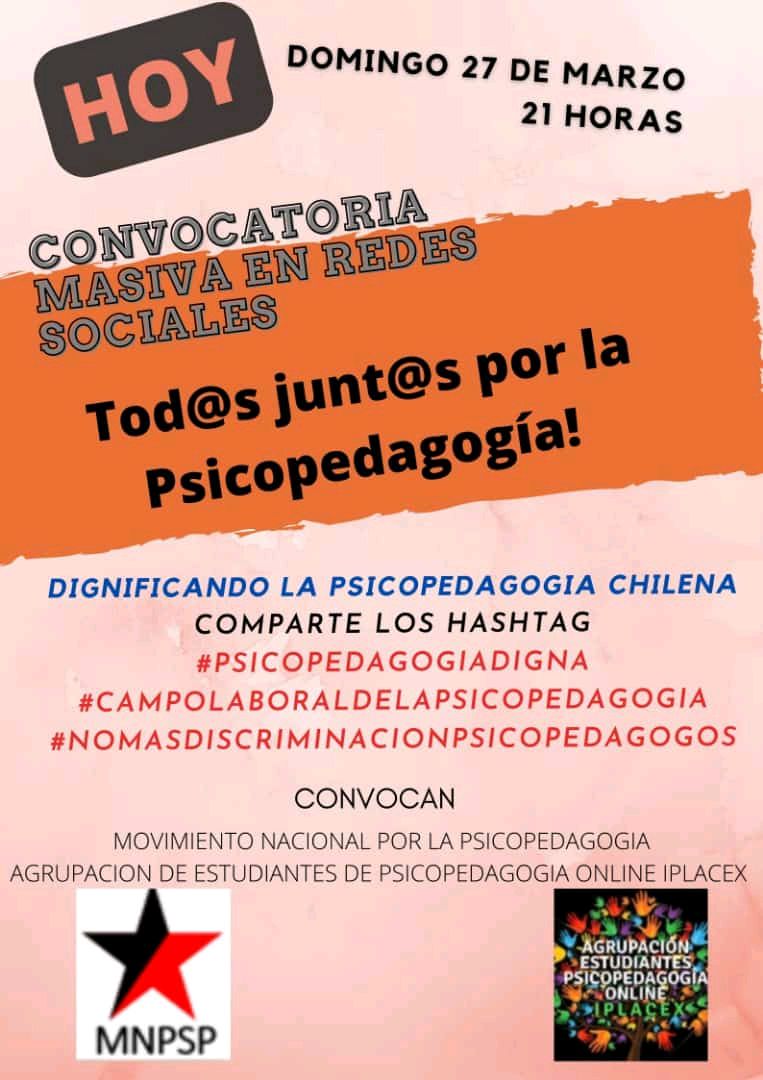 agr_psp_iplacex's tweet photo. HOY!!!
Tod@s junt@s por la Dignidad de la Psicopedagogía!!! ❤

Comparte los # que se indican en el afiche: 
⬇️⭐⬇️⭐⬇️⭐⬇️
#psicopedagogiadigna
#campolaboraldelapsicopedagogia
#nomasdiscriminacionpsicopedagogos https://t.co/LSkzw1Suva