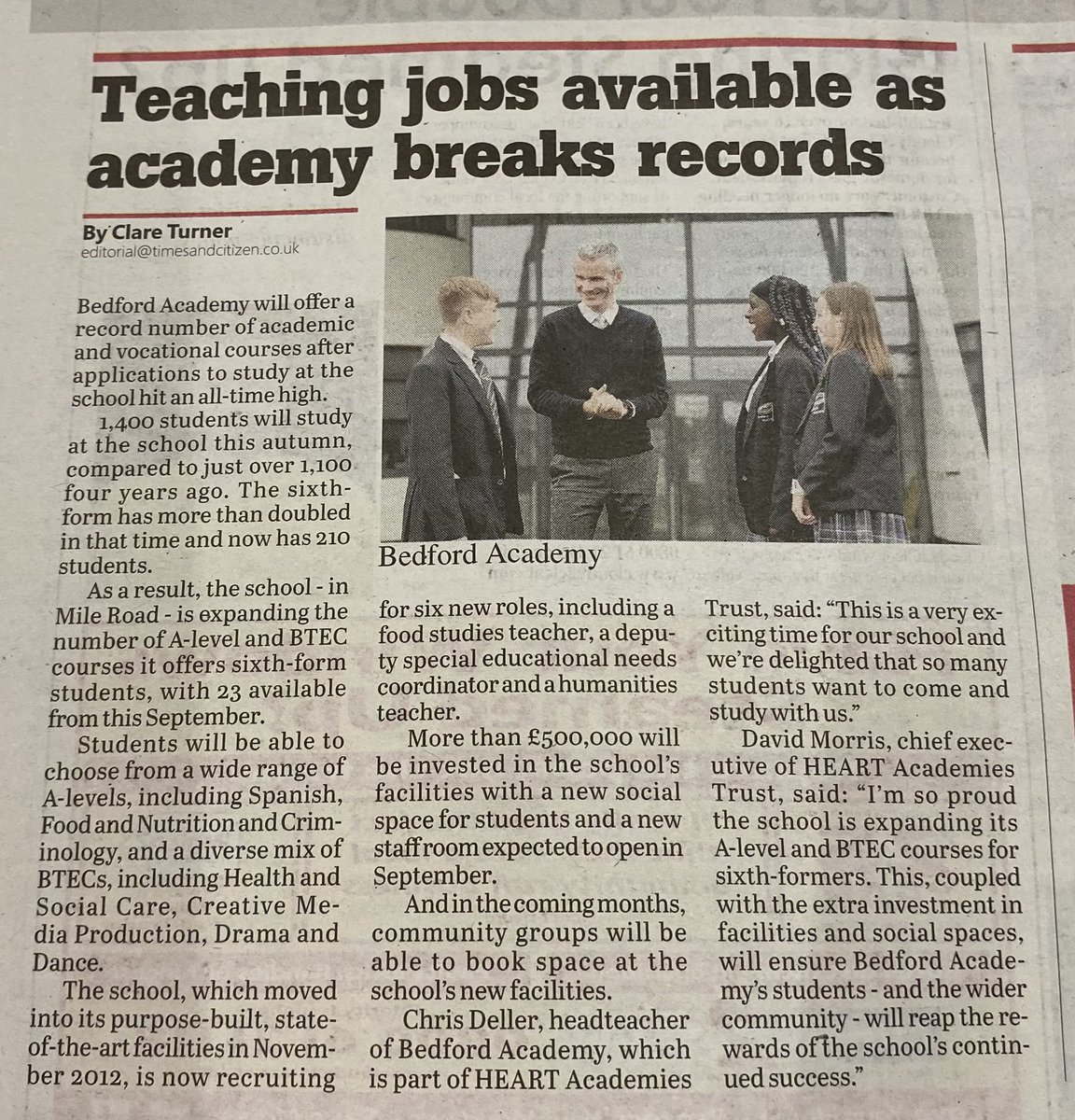 BedsSchsTrust's tweet photo. Terrific to see + a just reward for excellence Huge congratulations @c_deller @Bedford_Academy @DavidMorris1832 @heartacadtrust #well-deserved #proudTrustee https://t.co/a8GW9S6V2W