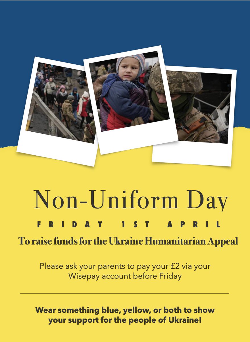 Friday 1st April is non-uniform day. Please help us continue to support the humanitarian situation in Ukraine by making a £2 payment via your child's Wisepay account (go to donations tab). All donations are going to the DEC <a href="/decappeal/">DEC</a> Wear something blue, yellow or both!!