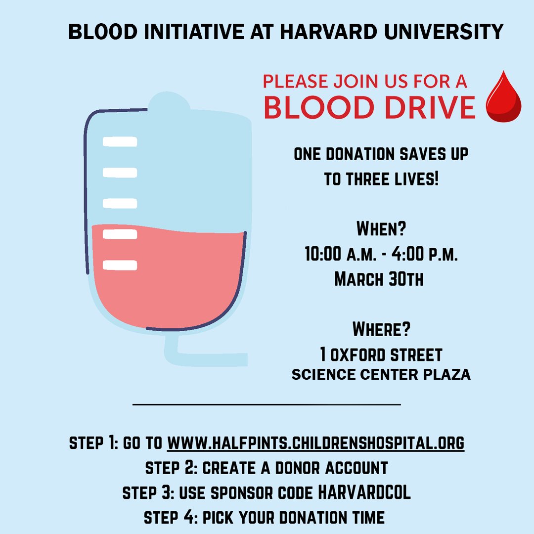 Did you know that every 2 seconds someone in the U.S. is in need of blood? That's why the Blood Initiative @ HU needs your help this Wed. 3/30!

Registration Link: halfpints.childrenshospital.org

Consider just a few minutes of your day to save up to 3 young lives! #pintsforhalfpints