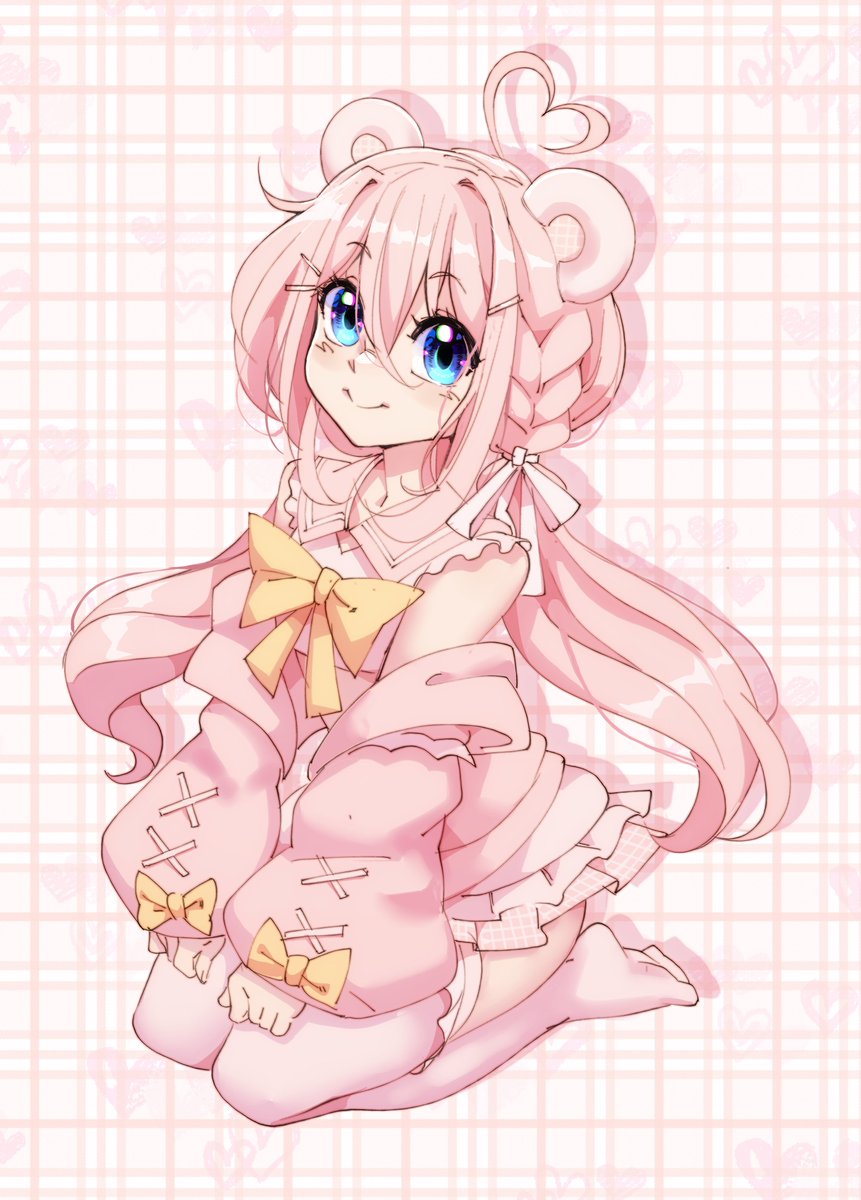 1girl animal ears blue eyes pink hair solo thighhighs smile  illustration images