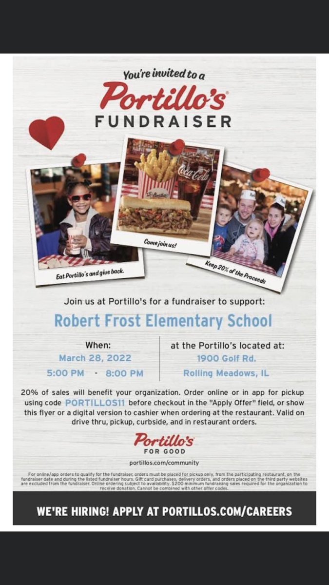 FrostPTOCCSD59's tweet photo. Hello Frost Families! 
Robert Frost PTO invites you to Portillo’s tomorrow evening. Bring this flyer or mention Robert Frost at the register to support our School. https://t.co/v4sR7S8ZY9