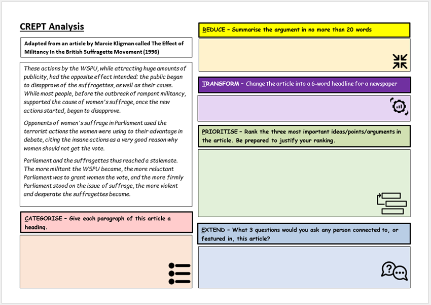 There were some lovely comments about this strategy at the fab #TMHI22 conference. This is a 'clean' version of the CREPT Analysis idea I showed - you could drop all sorts of different sources or interpretations in there @TMHistoryIcons <a href="/OUPSecondary/">Oxford Secondary</a> #GCSEHistory #gcses2022