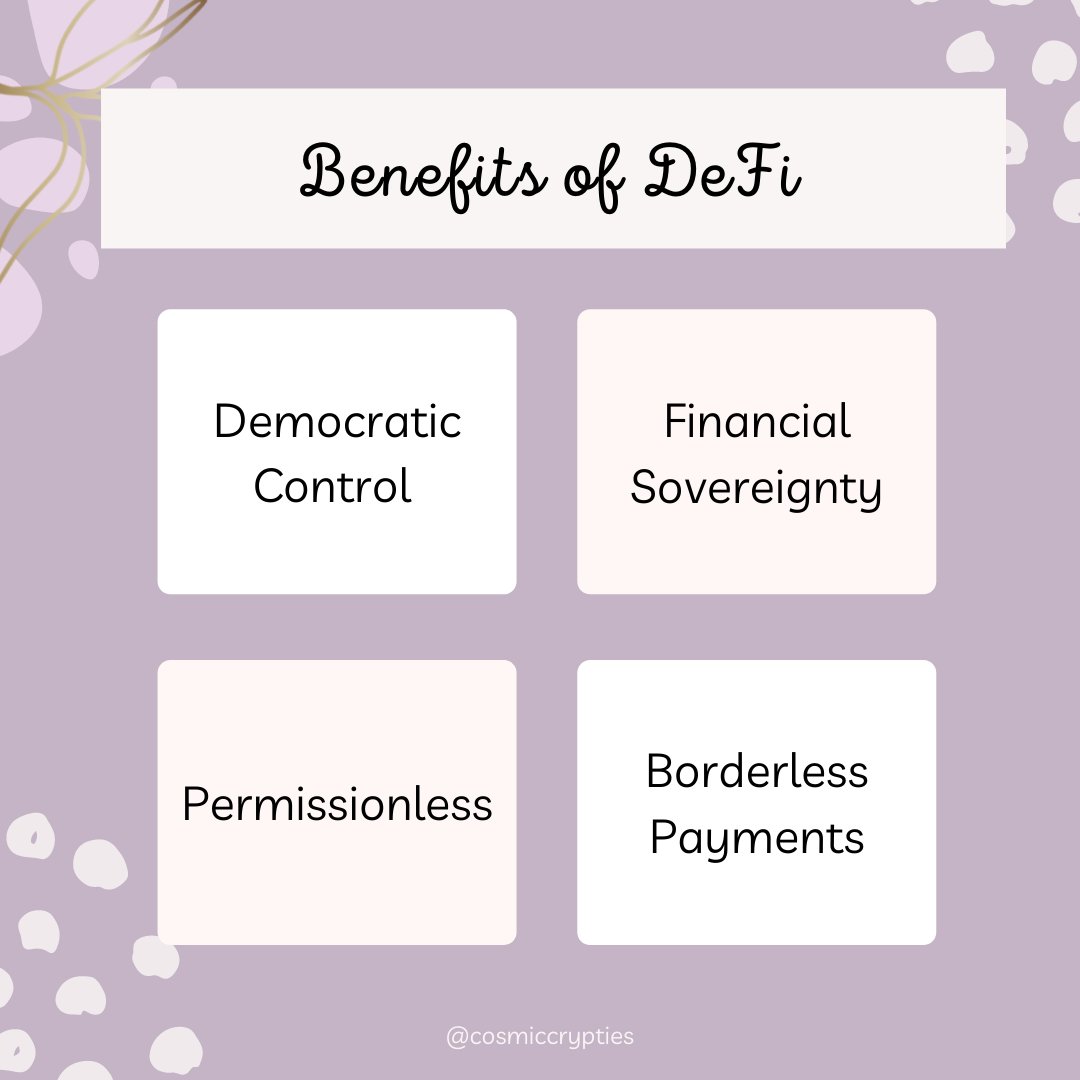 cosmiccrypties's tweet photo. The benefits of DeFi (P1): 

1) 💪🏼 Democratic Control – The people have the authority to make decisions instead of governments or banks. 

2) 💰 Financial Sovereignty – You have complete ownership &amp; control over your money. There is no outside entity who seize your crypto assets. https://t.co/K8SQ0hbBfY