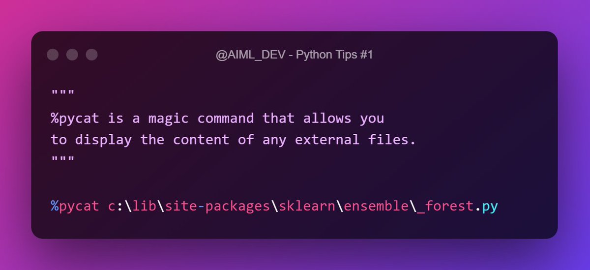 EcomMarketFix_'s tweet image. Ever wondered what is the backend code of any algo/ package in python
Use 🪄 magic command- %pycat :-
📌It allows you to display the content of any external files.
📌 Check out the comments section for an indepth explanation on how to use it.
#python4hackers #MachineLearning