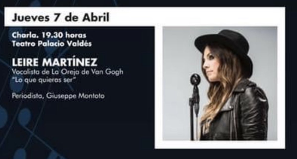 El próximo 7 de abril os espero en el Teatro Palacio Valdés para charlar con @LeireM vocalista de <a href="/laorejadevgogh/">La Oreja de Van Gogh</a>. Este es uno de los actos de la IV Semana Cultural del <a href="/conseraviles/">conseraviles</a>. Las entradas son gratuitas y se pueden retirar desde mañana en la Casa de Cultura <a href="/AytoAviles/">AytoAvilés</a>👇🏻