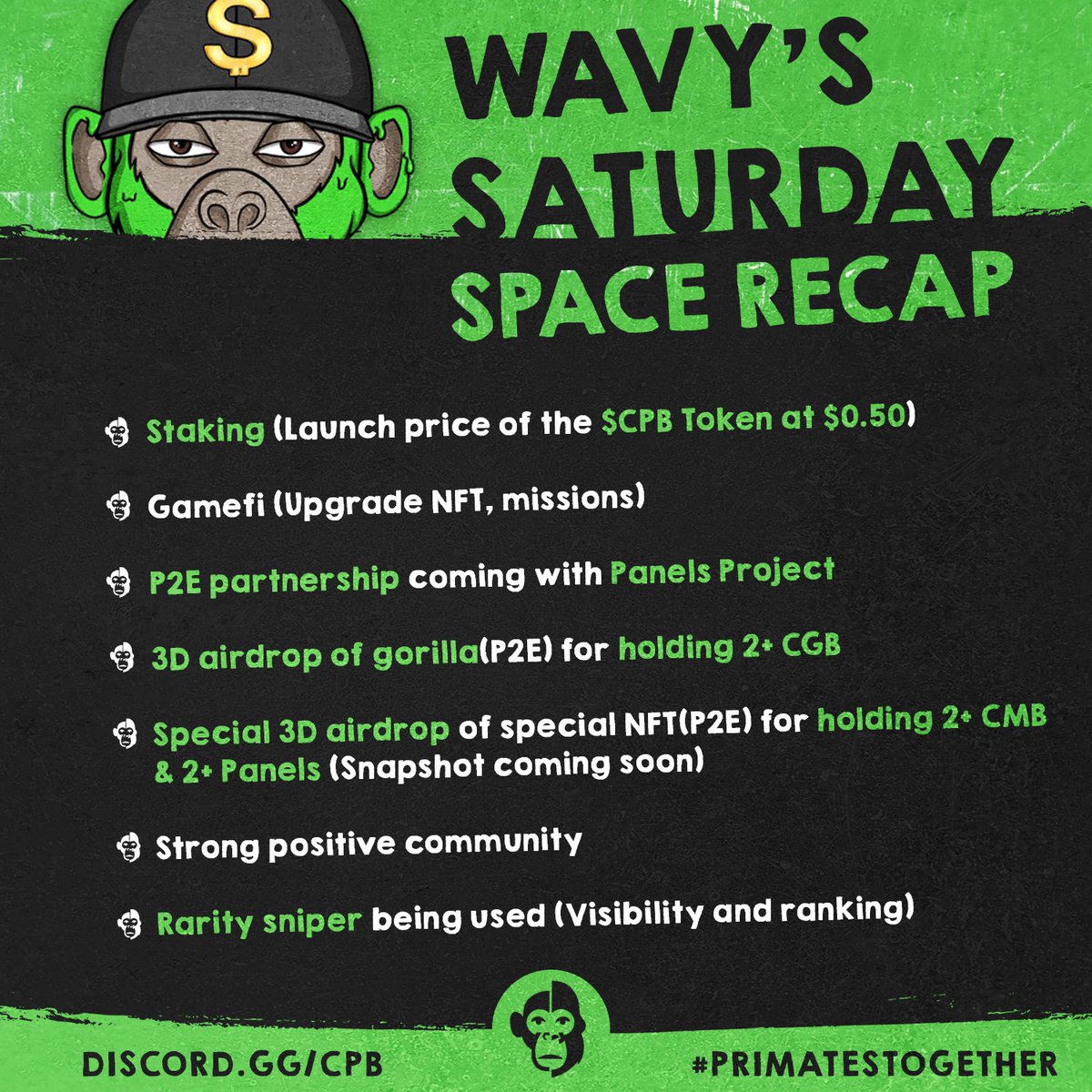 PrimateBusiness's tweet photo. Here is the recap of last night's Twitter Space and the news that will arrive in the coming weeks⌛️

As a reminder:

🔶CMB earn 30 $CPB/Day
🔶CGB earn 8 $CPB/Day

For the Snapshot CMB, Delist your CMB…

Snapshot date: in the next few days🌪

#crofam 🤝 #CronosNFT https://t.co/j1CFw1QquQ