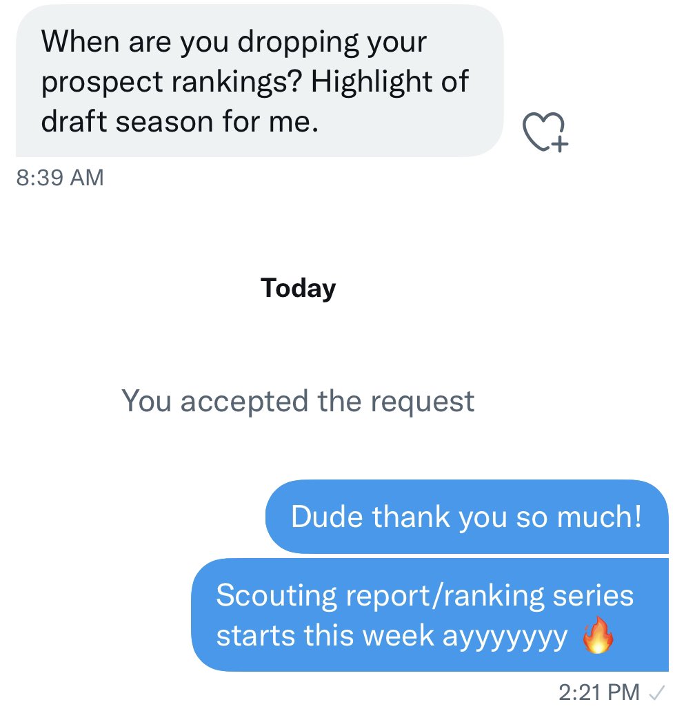 thorku's tweet photo. These are my favorite DMs to get!
I’ll tell y’all what I told him:
Scouting report series begins this week (QBs first!) and doesn’t stop until the #Thor500 the week leading up to the draft https://t.co/lATwWutonw