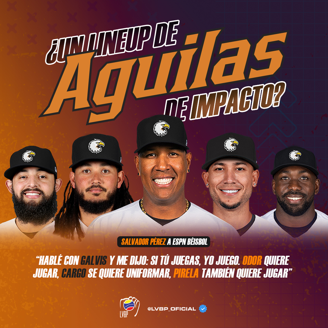 LVBP_Oficial's tweet photo. 🚨 El grandeliga @SalvadorPerez15 dijo a @ESPN_Beisbol que habló con varios jugadores de @aguilasdelzulia 🦅 para conformar un lineup PODEROSO en la 2022-23. 👀

Salvador, Galvis, Odor, CarGo y Pirela "quieren jugar" 👀👉🏼 https://t.co/uNxjON9t8v

#LVBP | #LaPasiónDeTodos ⚾️🇻🇪 https://t.co/6V54lsyQZ0