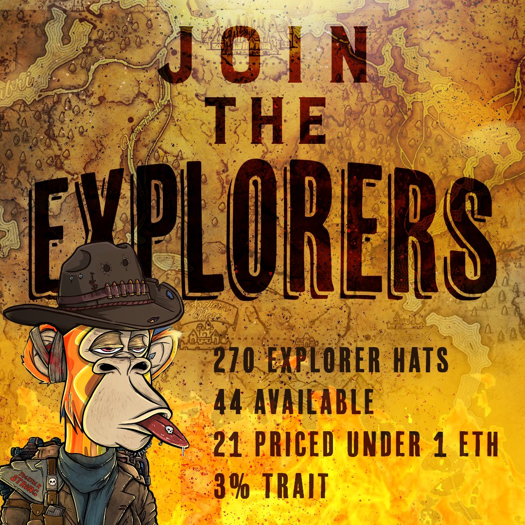 TheExplorers22's tweet photo. This is the perfect time to join the Apocalyptic Ape fam! The Explorer Hat is a great trait to add to your adventuring wallet. Join this group and hold! There is some FREE juice if we win the battle of the traits! #TheExplorers22 @apocalypticapes #AAPES https://t.co/2io0SlEfC7