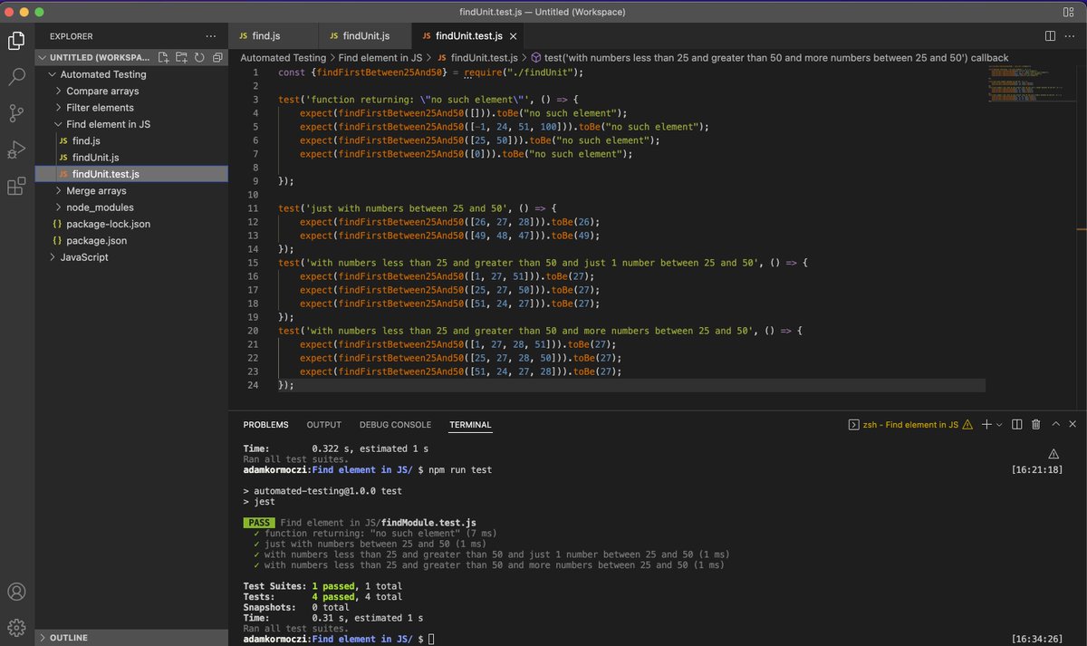 KormocziAdam's tweet photo. #Day45 so let's practice the how to make automated testing!
Learnt how to use Node Package Manager, and installed the testing framework Jest!
And as a practice i tested functions from my old JS files.
- fyi. i found a bug in one of them 💪
#LearnlyDev #100DaysOfCode https://t.co/4joE63TbfJ
