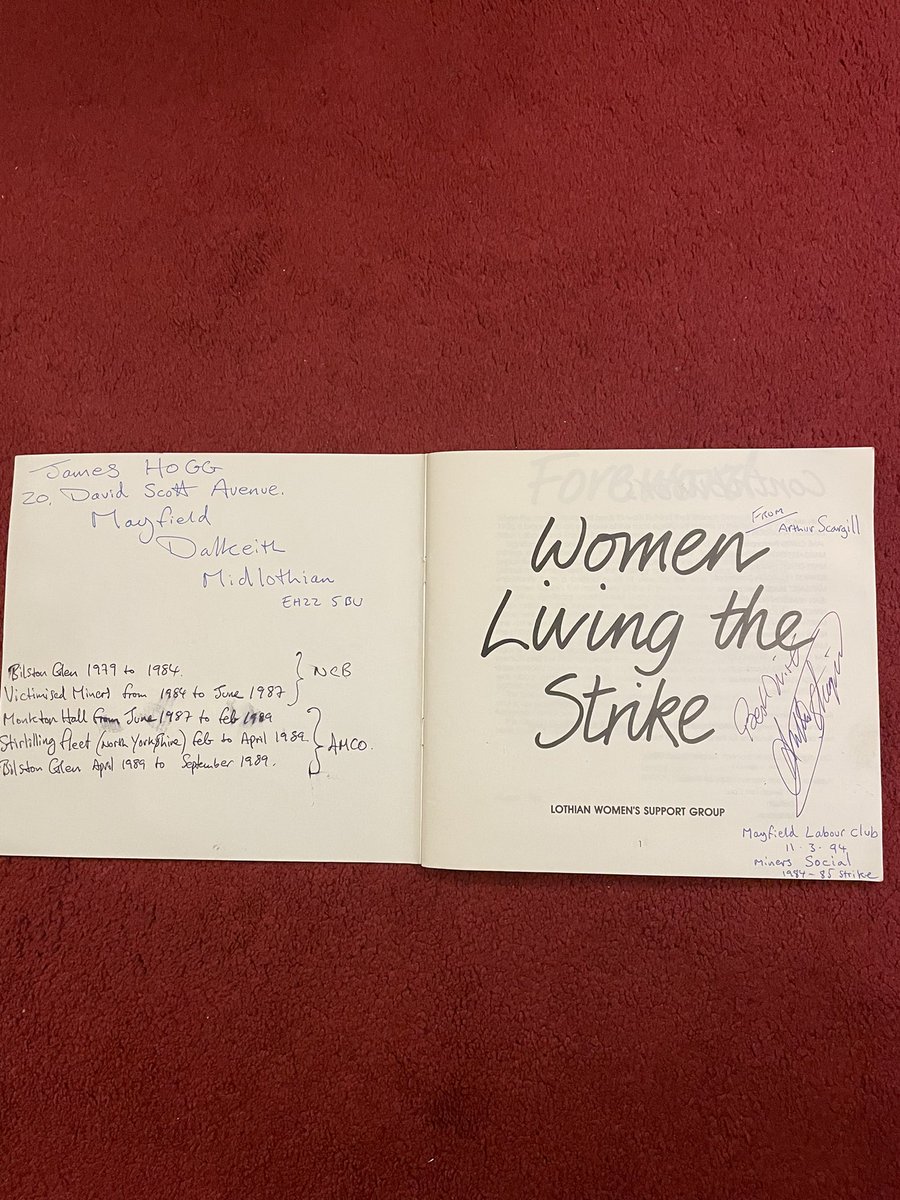 LaingHope's tweet photo. Gifted to me by Jim Hogg. Signed by Arthur Scargill and a copy of “women living the strike”. The book describes hardships and injustice faced but also shows how communities stuck together during tough times. 🌹 https://t.co/pY6VVfaQrS
