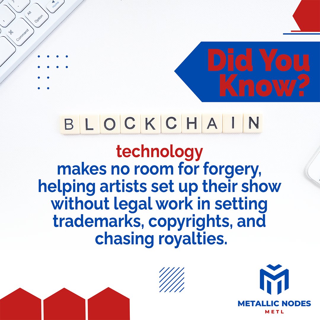 Blockchain technology makes no room for forgery, helping artists set up their show without legal work in setting trademarks, copyrights, and chasing royalties.
.
Follow us on 👉 <a href="/Metallicnodes/">Metallic Nodes (METL) ⚙️⚙️ - Coming Soon!</a>
.
#nft #crypto #nodes #metallicnodes #blockchain
