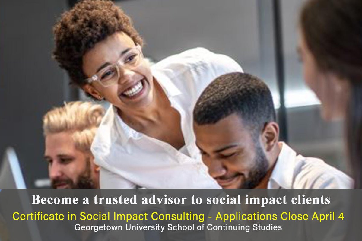 Applications are closing soon for our new Certificate in Social Impact Consulting. Join us for a live webinar on 3/29 to learn more about the program: shorturl.at/bvV34 #socialimpact #consulting #education