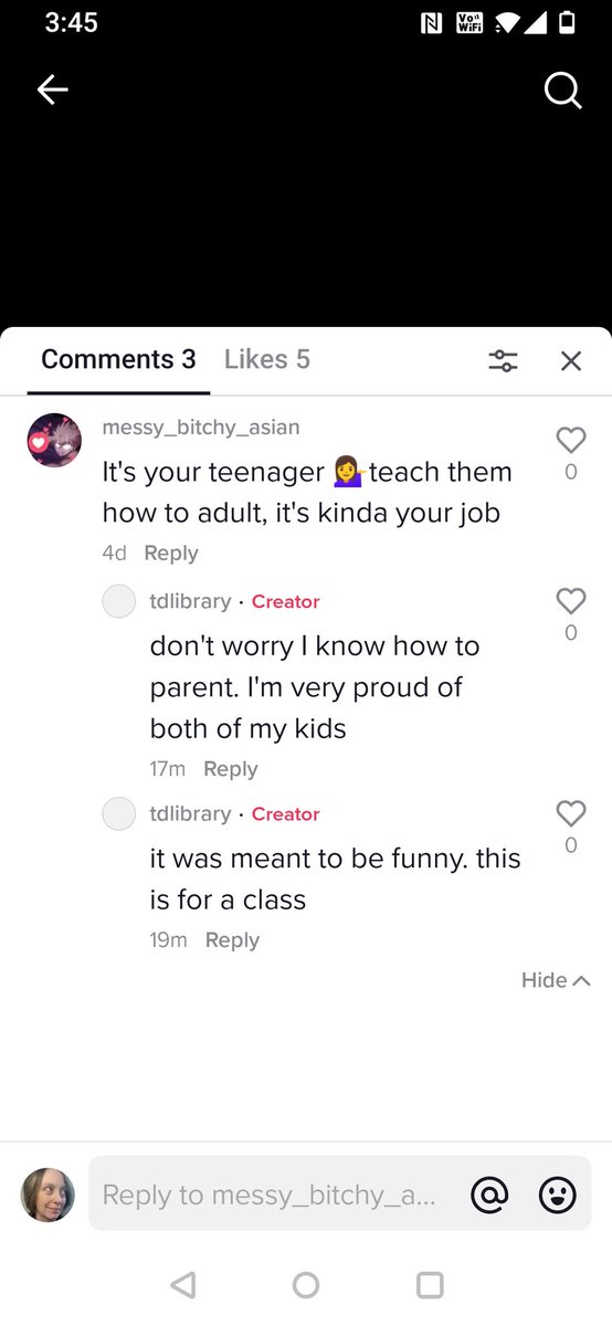 TeresaLibrary's tweet photo. The downside to being on social media. This was a response to my library spaces TikTok video. I guess it wasn't obvious that I was making a joke. It really is sad the amount of criticism thrown at parents. #LIS7423 https://t.co/7zcoQzlQDu