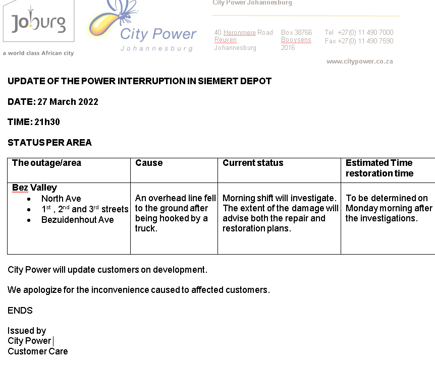 CityPowerJhb's tweet photo. #JoburgUpdates 

#SimertOutage

City Power is aware of an outage affecting parts of #BezValley, we apologise for the inconvenience caused. ^DR https://t.co/JtjlAOcZ44