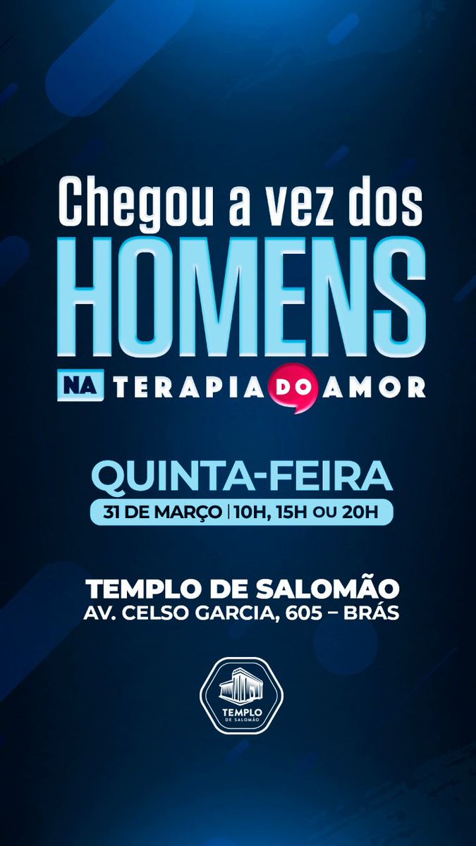 Um dia especial para todos homens do projeto IntelliMen, QUINTA-FEIRA ÀS 20H NO TEMPLO DE SALOMÃO.
🚩Av. Celso Garcia 605, Brás
São Paulo-SP 
Busque o entendimento de como ser um homem inteligente na vida sentimental.
Solteiros e casados, viúvos também😃.
#intellimen