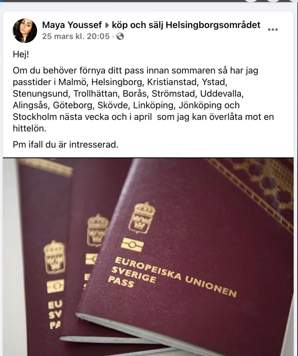 Hav förtröstan.
Här finns pass-tider till salu.
På en annan sida säljer samma kvinna tider för endast 650 kr.