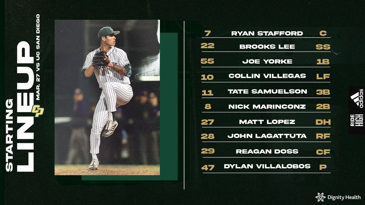 CalPolyBSB's tweet photo. Here is your starting lineup for the Mustangs’ final game against @UCSDbsb!

#RideHigh | #CPvsUCSD https://t.co/lM8sI8U28u