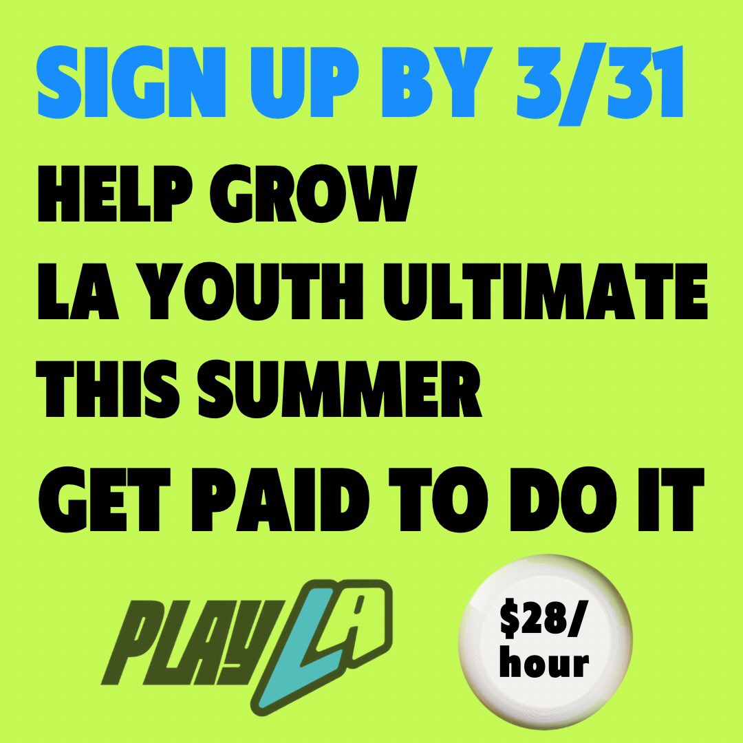 3 different ways to get paid teaching Ultimate in LA this summer! <a href="/CalUlti/">California Ultimate</a> will give you a curriculum and pay for both your <a href="/USAUltimate/">USA Ultimate</a> coaching certification and in-person coach training!