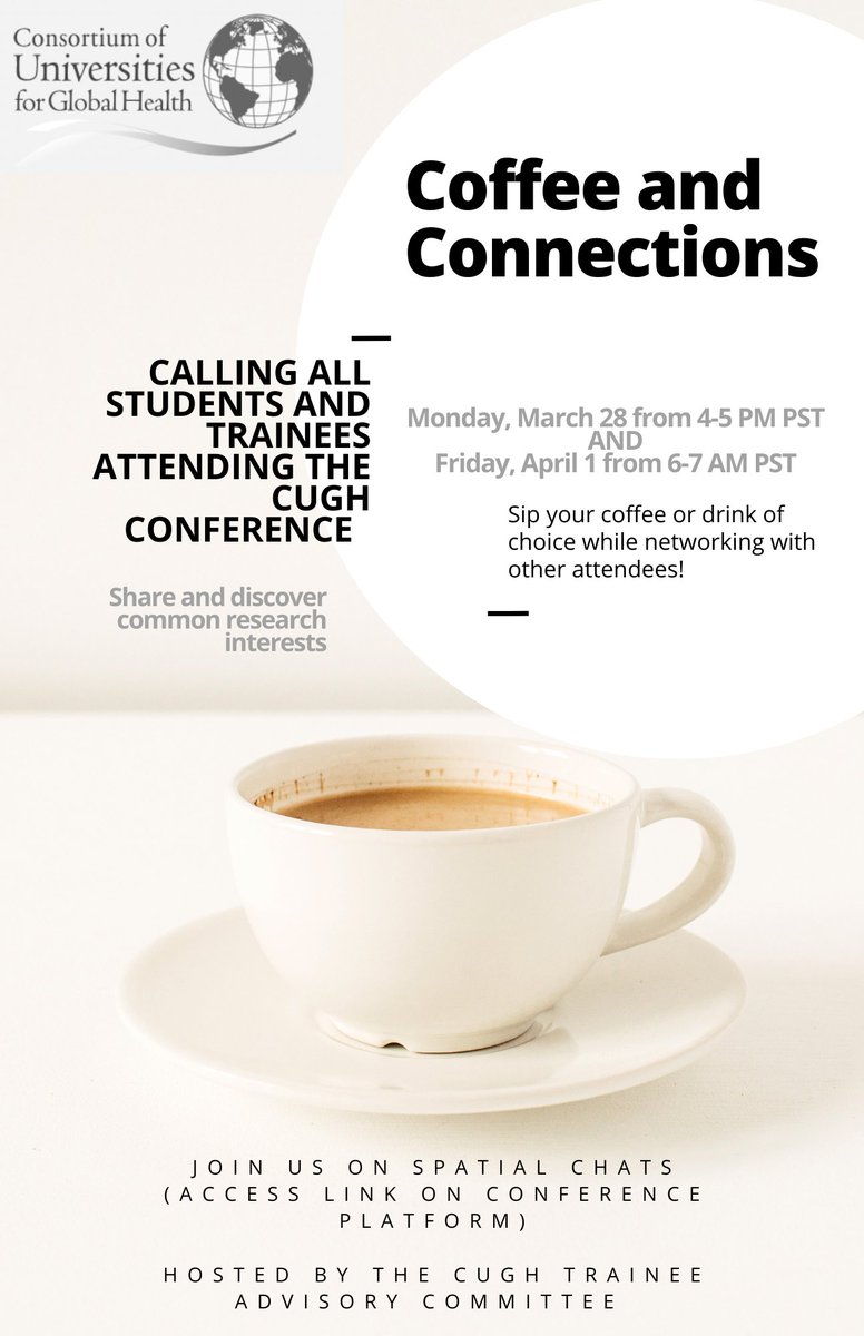 CUGH_TAC's tweet photo. Calling all students and trainees attending the CUGH conference!! Join TAC members for Coffee and Connections on SpatialChats - information below:
#CUGH2022 #globalhealth #CUGH https://t.co/oUGdjYsSMr