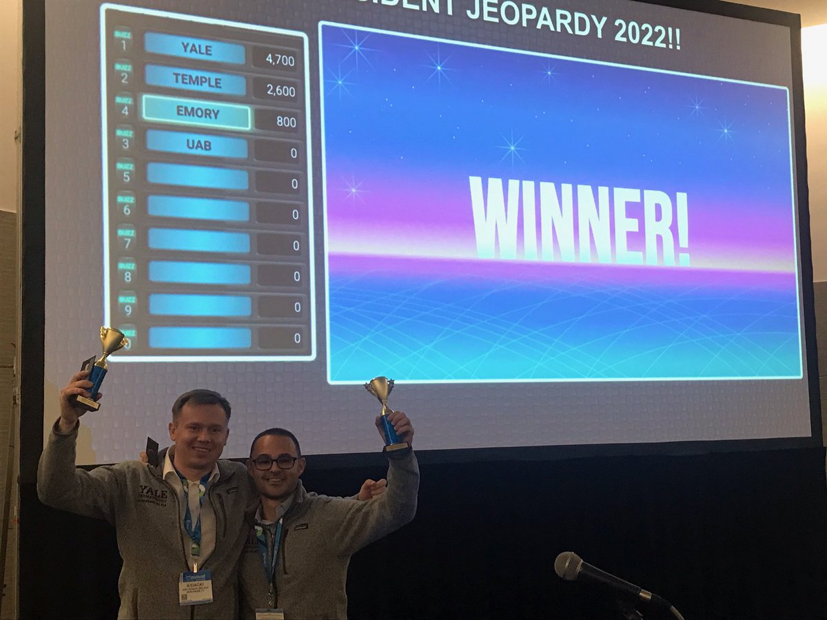yalederm's tweet photo. Congratulations to @yalederm residents #noelturner and @MichalKidacki on winning resident jeopardy at #AAD2022 @AADmember 🎉🎉 https://t.co/ZwRgf0A1g5