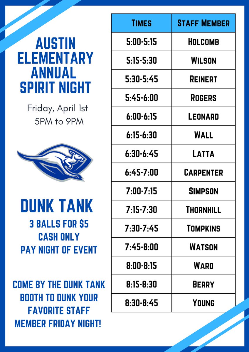 MrsKendallBerry's tweet photo. Who is ready to dunk our Austin Elementary staff?!? Here is the lineup! Bring some cash! 💙 https://t.co/VV1U0XlDVa