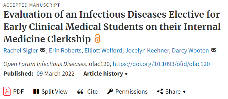 IDSAInfo's tweet photo. A new study in OFID describes the introduction of an ID inpatient consult rotation elective for early clinical medical students that students, ID fellows and faculty found valuable. 

📄:https://t.co/49z0nXkps1 #IDSAJournals #OpenForumInfectDis 

@PaulSaxMD @DrJLi @Darcy_ID_doc https://t.co/VieykYZkyg