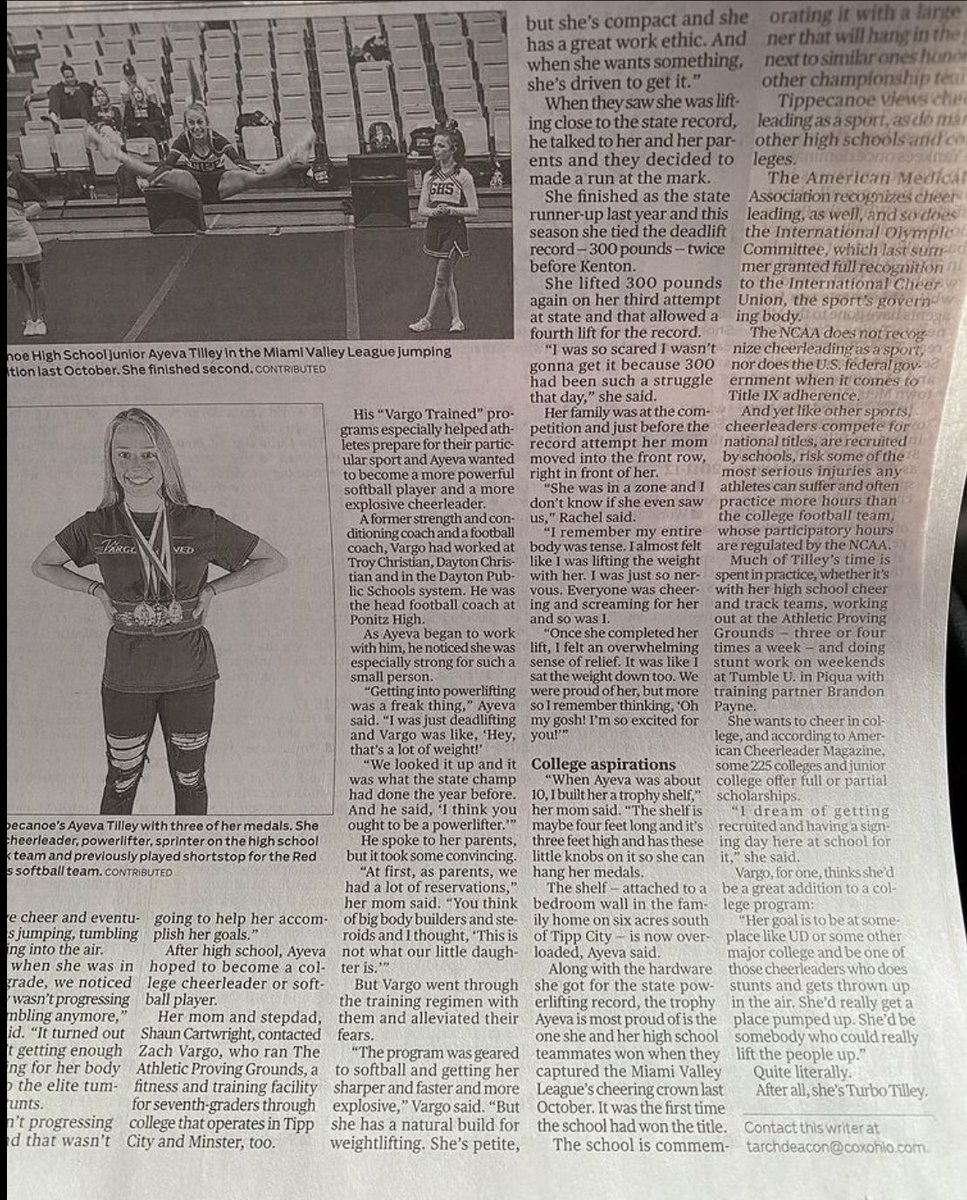 3 sport FREAK athlete, state champion, state record holder, and our 2021 female “Athlete of the Year” has a big write-up on the front page of Dayton Daily News sports section today! You can also visit Daytondailynews.com to read it!