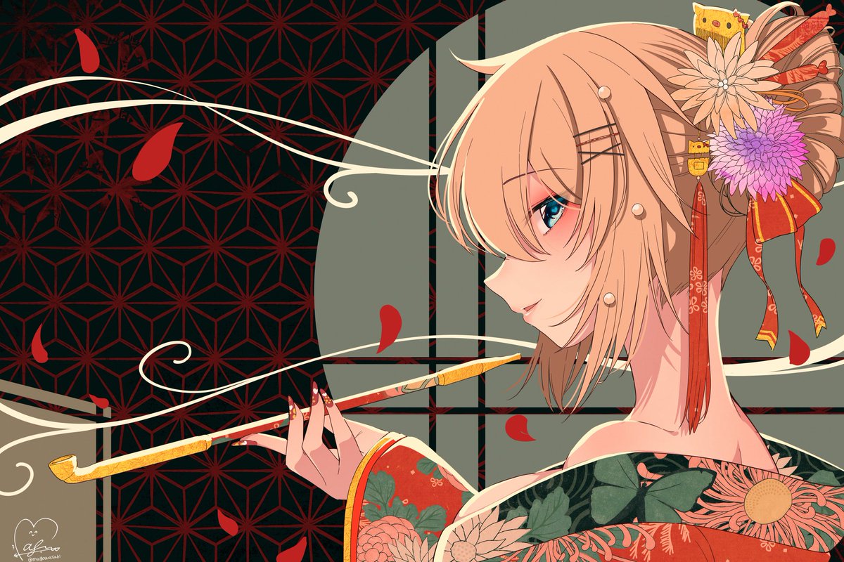 akai haato 1girl hair ornament blonde hair solo kimono japanese clothes signature  illustration images