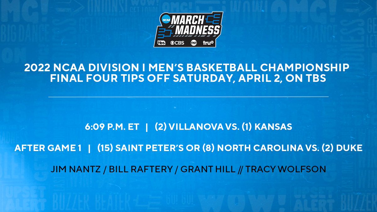 2022 NCAA Division I Men’s Basketball Championship Final Four tips off Saturday, April 2, on <a href="/TBSNetwork/">TBS Network</a> 

Full release: ncaa.com/news/basketbal…
