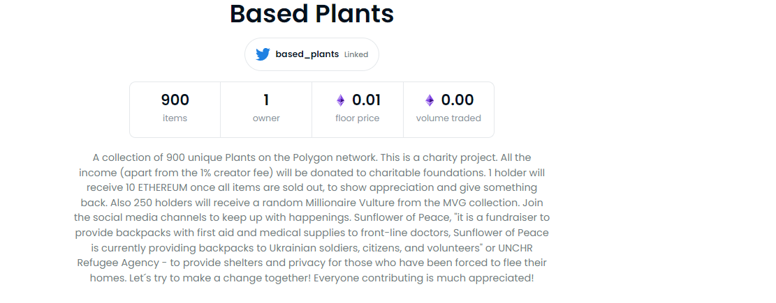 based_plants's tweet photo. Charity NFT project on OpenSea (Polygon) to support Ukraine. Donations of sales will go to Ukrainian fundraisers!
Floor price starting at 0.01 (increasing for every 100 plants)
https://t.co/kr97rEkIIc
#nft #nftproject #nftdrop #Ukraine #opensea #polygon https://t.co/GbUW8KE63D