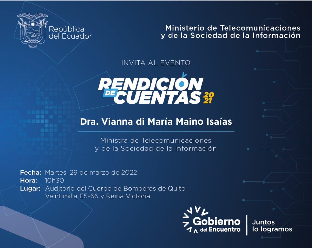 Este martes realizaré la #RendicionDeCuentas2021, acto de democracia y transparencia en el cual informaré el trabajo de <a href="/Telecom_Ec/">Ministerio de Telecomunicaciones Ecuador 🇪🇨</a> para generar conectividad, servicios digitales, inversión, reactivación y transformación digital.

⏰10:30
📍Auditorio del Cuerpo de Bomberos-Quito